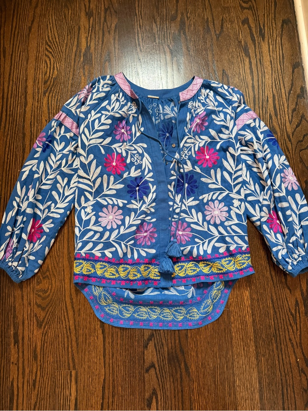 Alexis Pauline Floral Embroidered Peasant Blouse with Pink Accents